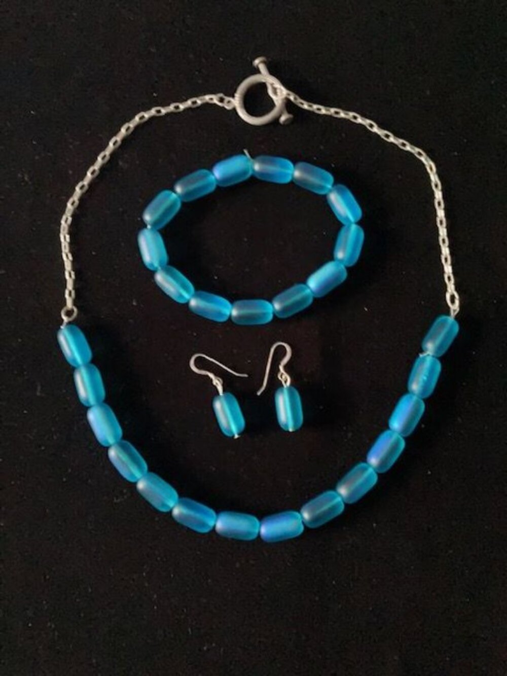 Aqua Blue Beaded Necklace, Bracelet and Earring Set